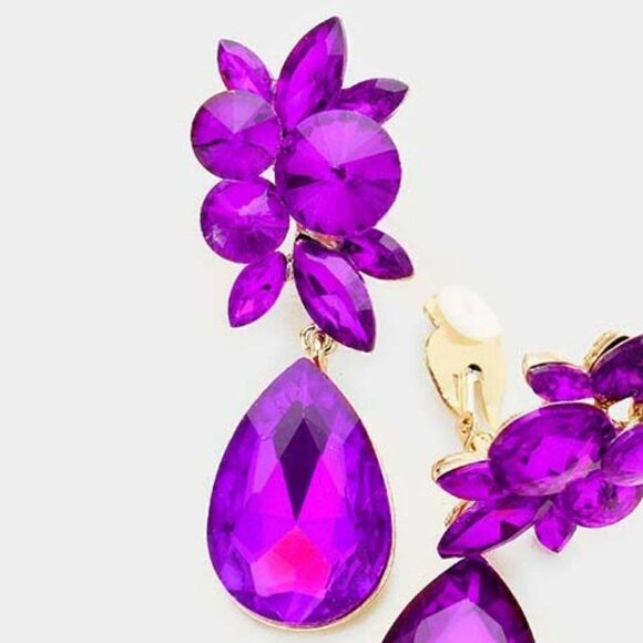 Floral Purple Color Teardrop Crystal Clip On Earrings NWT - Picture 2 of 5
